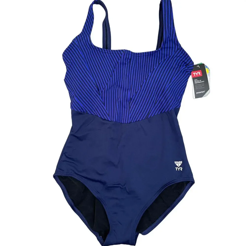 TYR Women MONROE Aqua ControlFit 1pc SwimSuit Navy Blue Stripe - Size 8 - $80